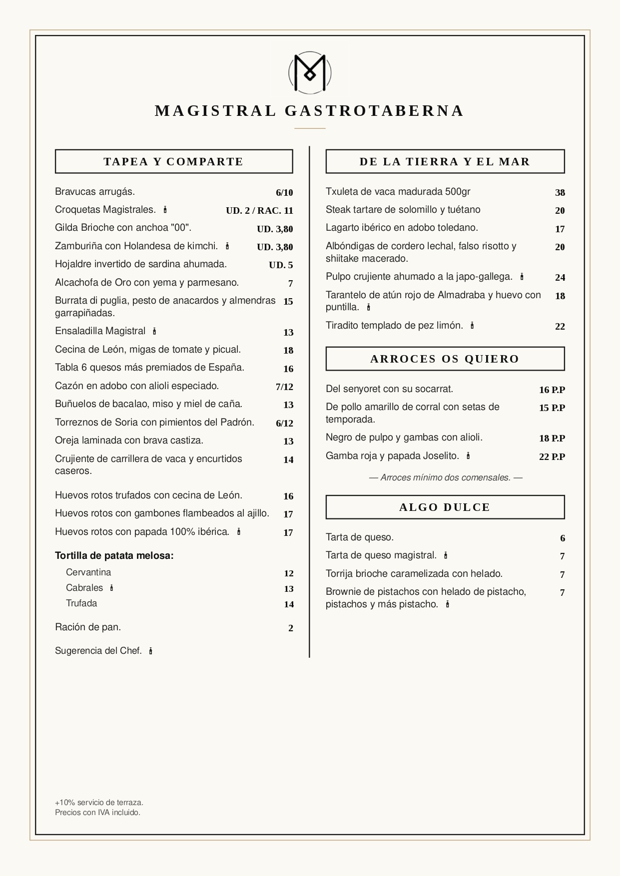 Carta de Magistral Gastrotaberna
