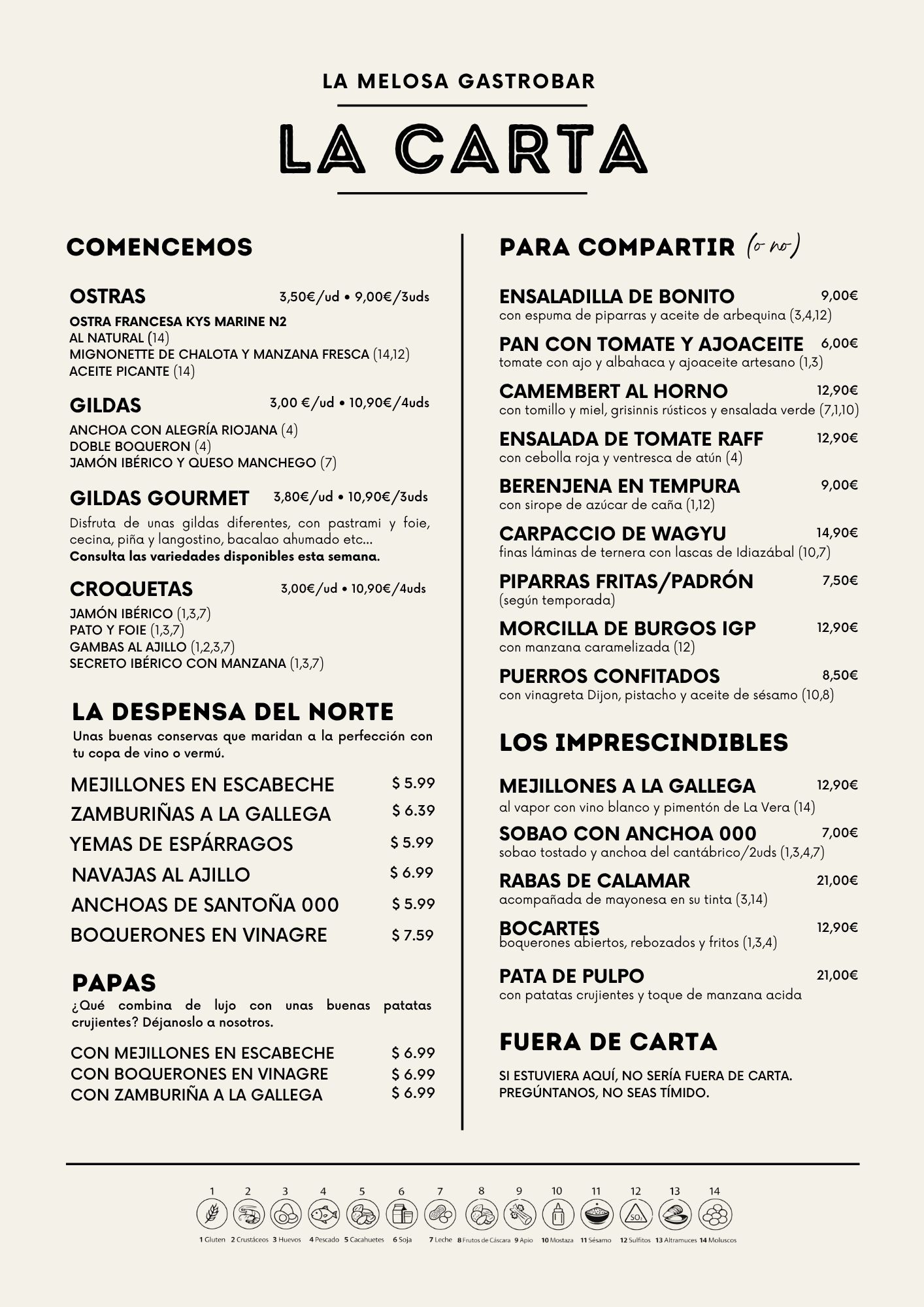 Carta La Melosa Gastrobar